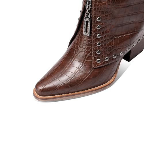 Women's Brown Crocodile Print Boots Fashion Slouchy Chunky Heel Pointed Toe Mid Calf boot Western Style Rivet shoe4