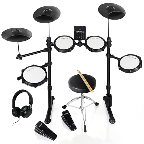 Electric Drum Set - Silent Electronic Drum Set Adult, Drum Kit for Beginners with 4 Mesh Drum Pads, 150 Sounds, 30 Songs, 15 Kits, USB MIDI, Headphones, Throne, Sticks, Pedals, MT20C, Black