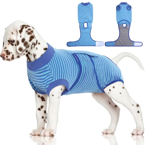 Image of FUAMEY Recovery Suit for Dogs After Surgery,Soft Breathable Dog Bodysuit E-Collar & Cone Alternative Surgical Suit,Male Female Dog Neuter Spay Suits Anti Licking Wounds Onesie Navy Blue Strips S