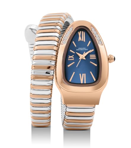 Image of French Connection Eternelle Curve | Blue Dial with Rose Gold Case | Flexible Wrap Bracelet Strap | Crystal Accent Design | Roman Numerals Analog Watch for Women - FCN0142URTM