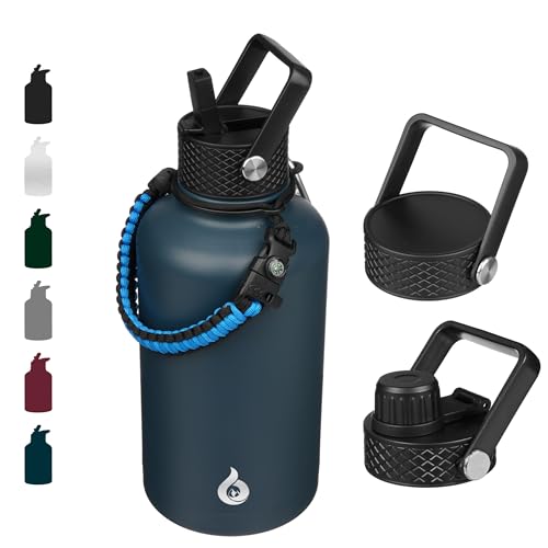 Image of BJPKPK Half Gallon Insulated Water Bottles with Straw Lid, 64oz Large Water Jug, Stainless Steel Bottles with 3 Lids and Paracord Handle, Thermo for Hot & Cold Liquid, Navy Blue