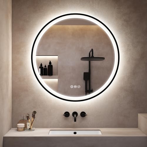 S'bagno Redondo Espejo Baño con Luz 60CM, Espejo Baño LED con Bluetooth, Antivaho, 3 Colores de Luces, Regulable, Memoria Luz, IP44, Vidrio Templado, Marco Hierro Negro