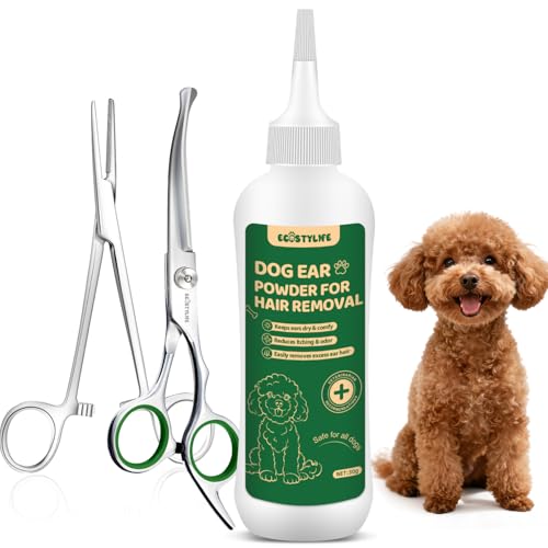 EcoStylife Dog Ear Hair Removal Tool Easy Ear Plucking Powder for Dogs Upgraded Dog Ear Powder Hemostats & Round Tip Scissors for Gentle Effective Ear Hair Removal (Poodles Schnauzers & More)