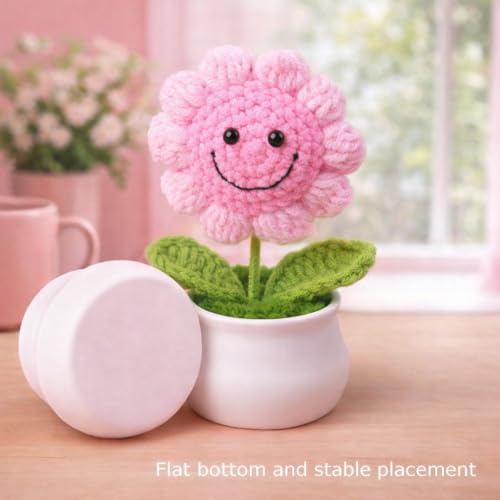Image of 13CM Height Handmade Crochet Smiling Flower Pot for Home & Office Decor, Cute Aesthetic Desk Showpiece, Positive Vibes Table Decor, Thoughtful Gift for Friends & Loved Ones (Sunny Smile Pink)