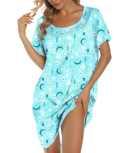 Image of ENJOYNIGHT Womens Cotton Nightgown Short Sleeve Sleepshirt Print Nightshirt | Short-Sleeve Crew Neck, Soft Cotton Fabric, Cartoon Printed Sleep Shirt, Loose Fit