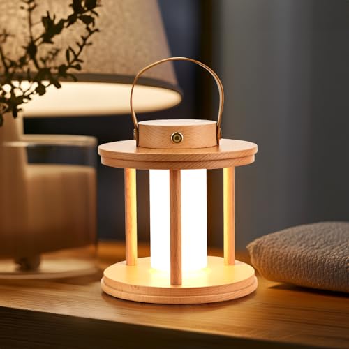 LED Wooden Rechargeable Table Lamp, Portable Cordless Small Bedside Lamp, Dimmable Touch Control Light for Living Room, Bedroom, Outdoor Camping, Office, Tent Eye-Care Battery Powered Lighting