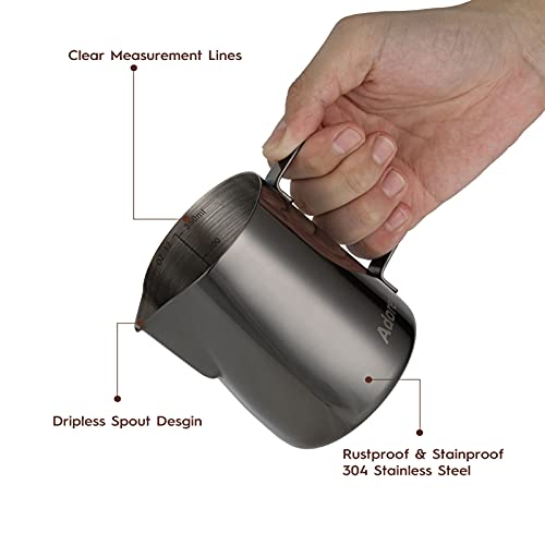 Image of Milk Frothing Pitcher, 350ml (12oz) Steaming Pitchers Stainless Steel Milk Coffee Cappuccino Latte Art Barista Steam Pitchers Milk Jug Cup with Decorating Art Pen, Bright Black