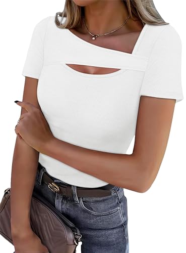XIEERDUO Womens Summer Tops Y2K Short Sleeve Shirts for Women White Shirt Womens Fashion Cut Out Tops Dressy Casual S