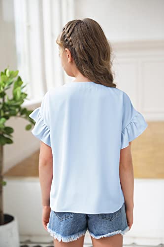 Image of Girls Ruffle Short Sleeve Shirts V Neck Tie Front Knot Tops Button Cute Tunic Shirts Blouse