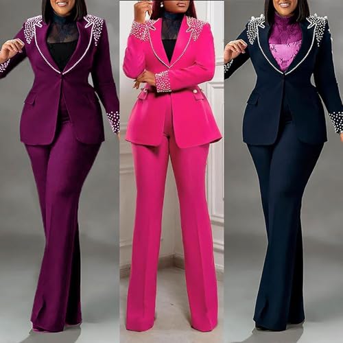 Tcremisa Womens Fashion Pants Suit 2 Piece Business Outfits Pearls Long Sleeve Blazer and Slim Fit Pants Sets4