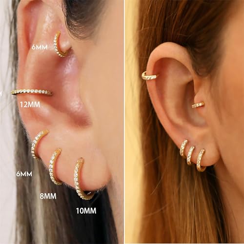 Image of Hypoallergenic Unisex Surgical Steel Small Cubic Zirconia Huggie Hoop Earring, Color Gold - Silver - Rose Gold - Black - Rainbow, Size 6mm- 12mm Safe for Sensitive Ear
