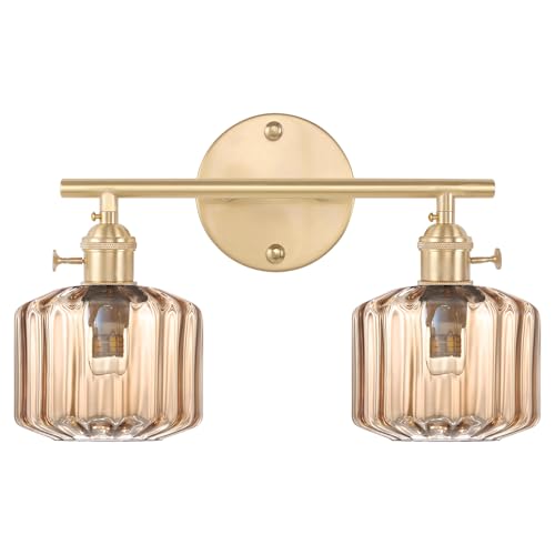 Image of Vintage Glass Wall Sconce, 2-Light Brass Gold Bathroom Lighting Fixtures Over Mirror, Ribbed Vanity Wall Light with Amber Glass Shade, E26 Base for Bedroom, Dressing Table, Hallway