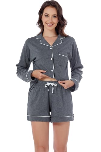 Image of LUBOT 100% Cotton Pajamas for Women 2PC PJ Set Womens Soft Long Sleeve Button-Down Shirt Two Piece Set Sleepwear Loungewear Night Suit (Dark Gray, 2XL)