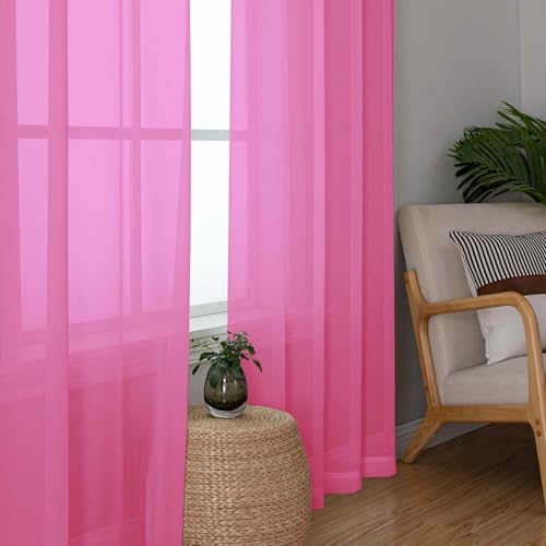 Image of Simplebrand Hot Pink Short Sheer Curtains 45 Inch Length for Small Windows, Rod Pocket 2 Panels Set Solid Voile Drapes Window Sheer Curtains for Bedroom Bathroom Kids Room Kitchen, 42x45 Inch