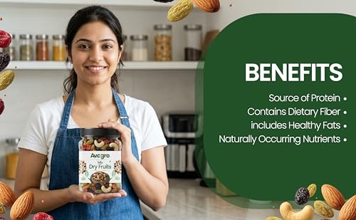 Image of Avogro Premium Mixed Dry Fruits 250gm | Almonds, Cashews, Kishmish, Apricots & Seeds Mix | Fresh Crunchy Nut & Fruit Jar Pack for Snacking & Gifting