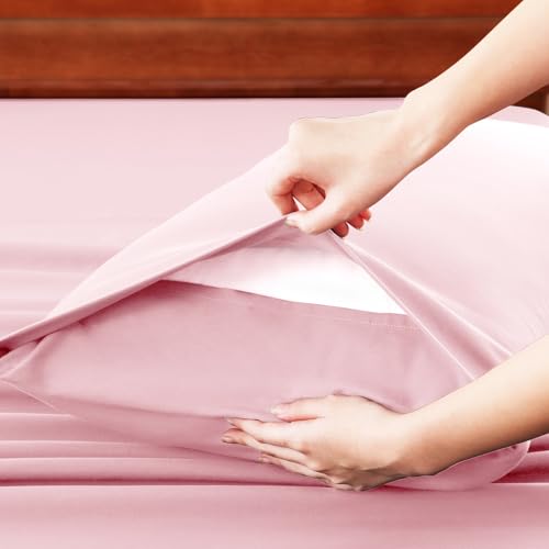 Image of CozyLux 7-Piece Split King Sheets, Fits 18-21 Inch Mattresses, Oeko-TEX | 4 Pillowcases, 1 Flat Sheet and 2 Fitted Sheets with All-Around Elastic, 21-Inch Deep Pockets for a Secure Fit, Pink