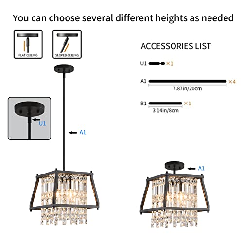 Image of LMQNINE Farmhouse Chandelier - Black Metal Crystal Pendant Light for Kitchen, Dining Room, Living Room - Flat & Inclined Ceiling (Trapezoid -11.81in)