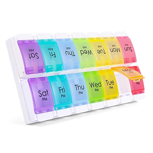 Markurlife Weekly Pill Organizer, AM PM Pill Organizer 7 Day, Detachable Pill Case with Push Button Design and Large Compartment to Hold Vitamins, Cod Liver Oil, Supplements and Medicine, BPA Free