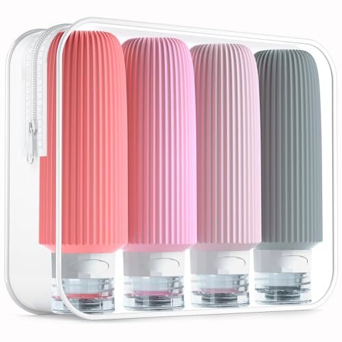 Travel Bottles for Toiletries, Large 6oz Travel Size Containers, BPA Free Leak Proof Tubs Refillable Liquid Accessories with Toiletry Bag for Cometic Shampoo and Lotion Soap (4 Pack)