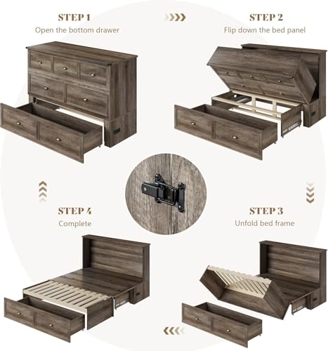 Image of AMERLIFE Queen Size Murphy Bed, Farmhouse Wooden Cabinet with Charging Station and Storage Drawer for Bedroom /Office /Guest Room, Grey Oak