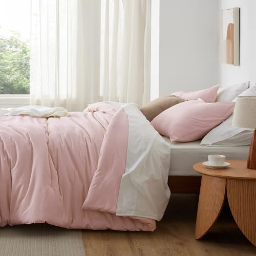 Image of Bedsure Comforter Set Full Size - Cotton Fabric with Microfiber Inner Fill, Light Pink PureWoven Soft Bed Set for All Seasons, 3 Pieces, 1 Comforter (82 inch x 86 inch) and 2 Pillow Cases (20 inch x 26 inch)