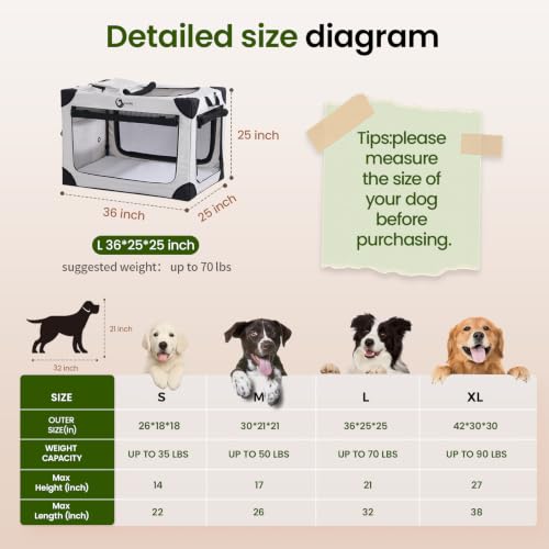 Portable Collapsible Soft Dog Crate for Large Dogs,36in Grey | Oxford Cloth Travel Camping dog kennel with 4 Mesh Windows & 2 Storage Pockets,for Indoor & Outdoor Use - Image 4