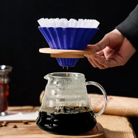 Roast'n Berry Blue Ceramic Coffee Dripper Pour Over Coffee Maker with Wood Stand Elegant Flower Shape V60 Filter