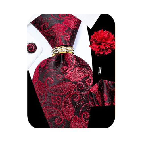 Image of 5PCS Mens Silk Tie, Pocket Square, Cufflinks, Drilled Tie Ring and Lapel Pin Set for Wedding Groom Party