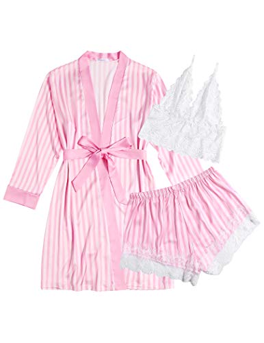Ekouaer Women's Sleepwear Floral Lace Trim Satin Cami Pajama Set with Robe
