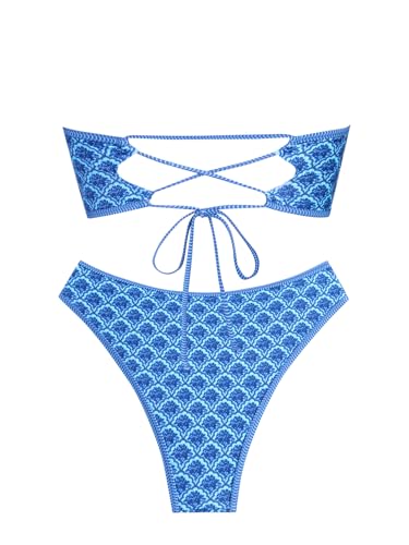 Image of ZAFUL Women's High Cut Bandeau Bikini Set Strapless Solid Color 2 Pieces Bathing Suit Swimsuit
