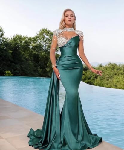 High Neck Mermaid Prom Dresses Long Sleeves Sweetheart Tulle Beaded Satin Pleated Tight Formal Dresses Evening Party Gowns2