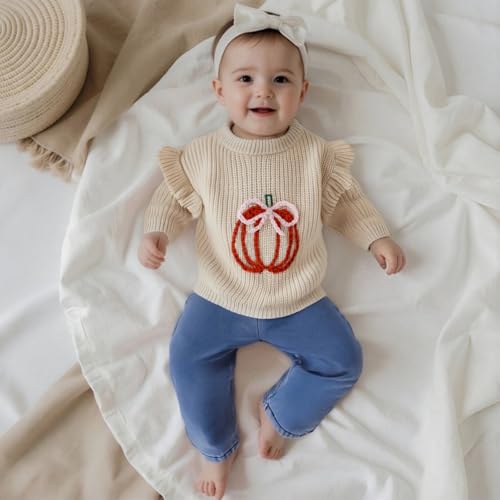 Toddler Baby Girl Halloween Outfit Pumpkin Bow Embroidery Knit Sweater Pullover Sweatshirt Fall Winter Clothes4