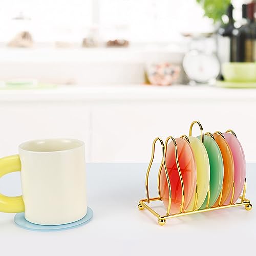Image of Acrylic Coaster, 6 Pcs Drink Coasters Colorful Acrylic Coaster Set | Cute Coasters Round Heat Resistant Holder Anti Slip Table Coasters with Metal Holder Stand for Table Bar Desk Home Decor