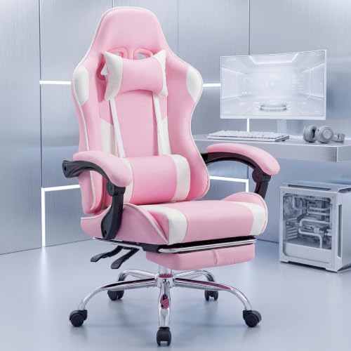 Image of Video Game Desk Chair, Ergonomic High Back PU Leather Computer Gaming Chair with Headrest & Linkage Armrest, Height Adjustable with 360 Swivel, for Adults, Pink