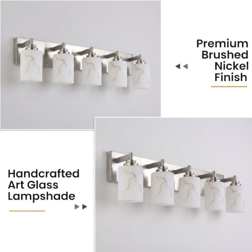 Image of 5-Light Bathroom Light Fixture, Brushed Nickel Modern Vanity Light with White Marble Glass Shade, for Bathroom Mirror, Living Room, Bedroom, Hallway, E26 Base, Extended Base