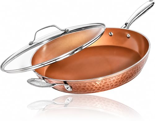 Gotham Steel Hammered Copper 14 Inch Non Stick Frying Pan with Lid, Nonstick Frying Pan with Ceramic...