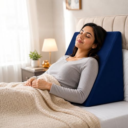 Image of Wedge Pillow for Bed | Back & Neck Support Pillow for Sleeping & Reading | Bed Wedge Pillow for Acid Reflux, Back Pain & Legs Elevation | Pregnancy Support Pillow with Comfortable Foam - Blue