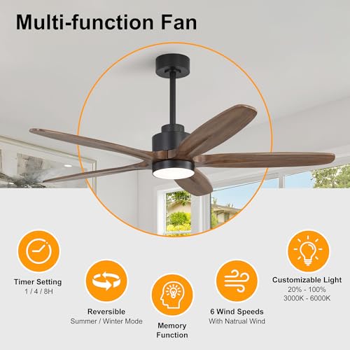 Image of WINGBO 54 inch Ceiling Fan with Light - 5 Carved Solid Wood Blades, 6-Speed Reversible DC Motor, Dimmable, 3CCT, Noiseless Remote Control Ceiling Fans with Lights for Bedroom Living Room, Black and Wood