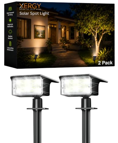 Image of XERGY Solar LED Spot Lights | Waterproof Outdoor Landscape Lighting | 3 Brightness Modes | Adjustable Head | Wall Mount & Ground Stake Installation | Auto On /Off for Garden, Lawn & Pathway (Pack of 2)