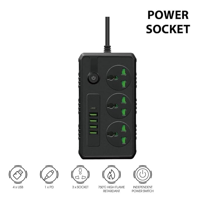 Image of Long Cord Extension Board Universal Extension Socket Surge Protector Desk Charging Station for Office School Home Surge Protector Power Strip with Outlets and USB Ports (T62)