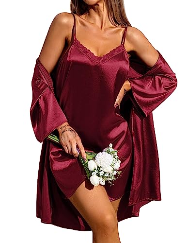 Ekouaer Ensemble chemise de nuit et peignoir pour femme 2 pièces en satin sexy Bordeaux L