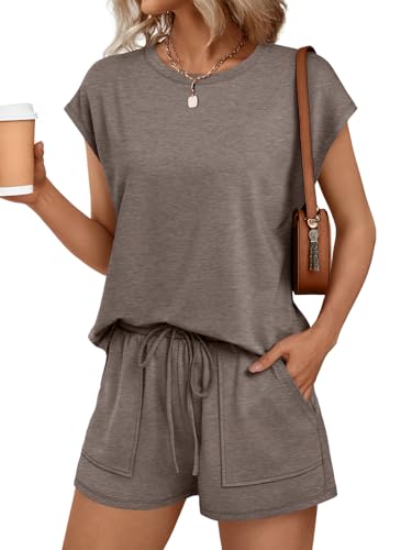 Image of AUTOMET Womens Crew Neck Two Piece Short Sets Cap Sleeve Drawstring Summer Sweatsuit with Pocket