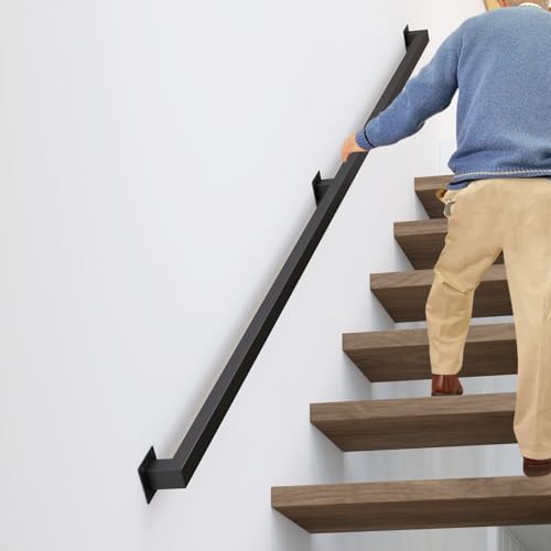 12FT Stair Railings Indoor Black Iron Railings for Stairs Industrial Handrail Wall Mounted Hand Railing for Stairs Indoor 500lbs Load Capacity Sturdy Stair Railing for Loft Porch Deck 4 Sections