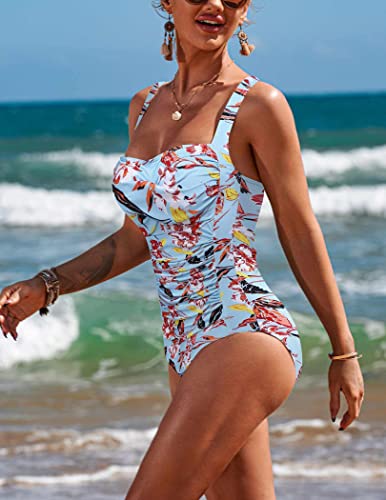 Ekouaer One Piece Swimwear Women's Tummy Control Swimsuit Bathing Suit(Flower Red,X-Large) #TOP2