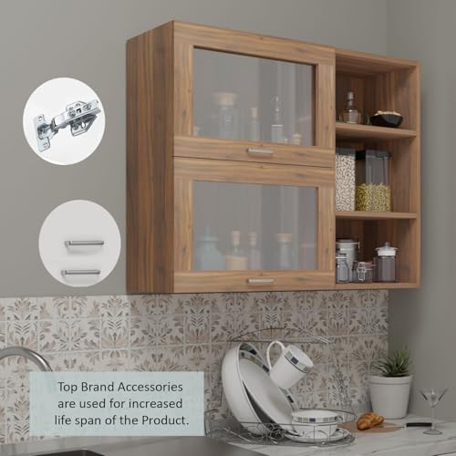 Image of VIKI Furniture Modular Kitchen Wall Cabinet with Acrylic Glass Flip-Up Gas Spring Door, Space Saving Spice Rack & Storage Unit, 30 x 120 x 80 cm, Walnut, 1 Year Warranty