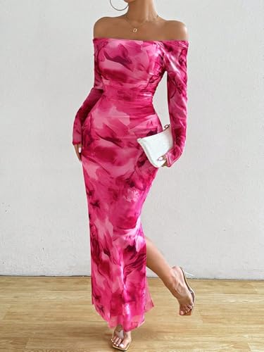 Image of LIGHT DOT Women's Printed Off Shoulder Maxi Dress Long Sleeve Bodycon Ruched Mesh Cocktail Dress