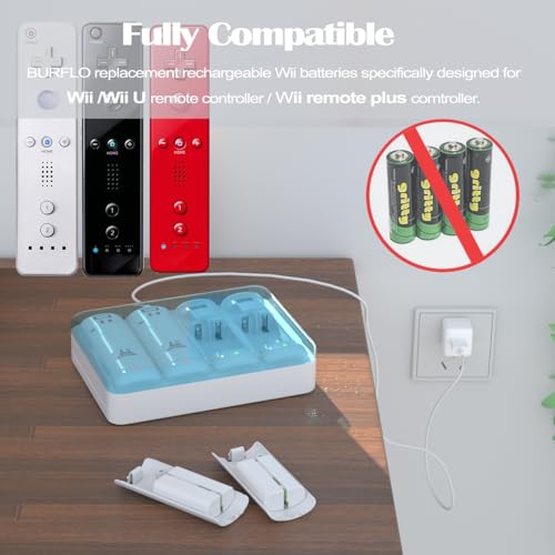 Burflo QKC57 Rechargeable 4 Pack Battery Pack For Wii/Wii U Remote Controller,2800Mah Replacement Batteries And 4 Ports Charger Station thumb #1