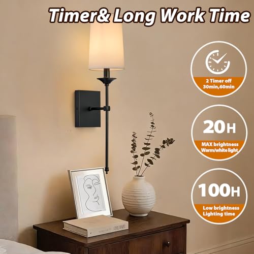 Image of Rechargeable Battery Operated Wall Sconces Set of 2,Easy to Install Cordless Wall Lamps with Bulbs and Remote, Dimmable Black Wall Sconce for Living Room Decor