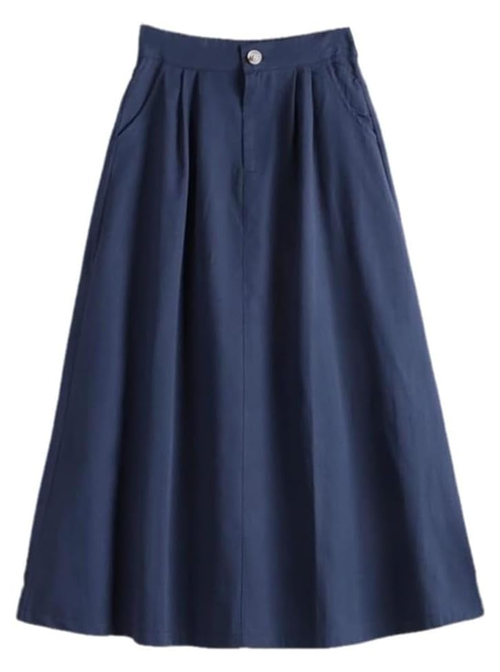 Women's High Waisted Cotton-Blend Summer Midi Skirt with Button Zip Casual A-Line Fit with Pockets