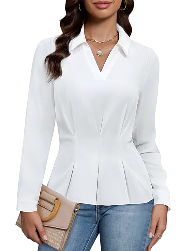 Blooming Jelly Womens Business Dressy Casual Peplum Tops Long Sleeve Work Cute Ladies Blouses V Neck Smocked Polo Collared Shirts (M, White)
